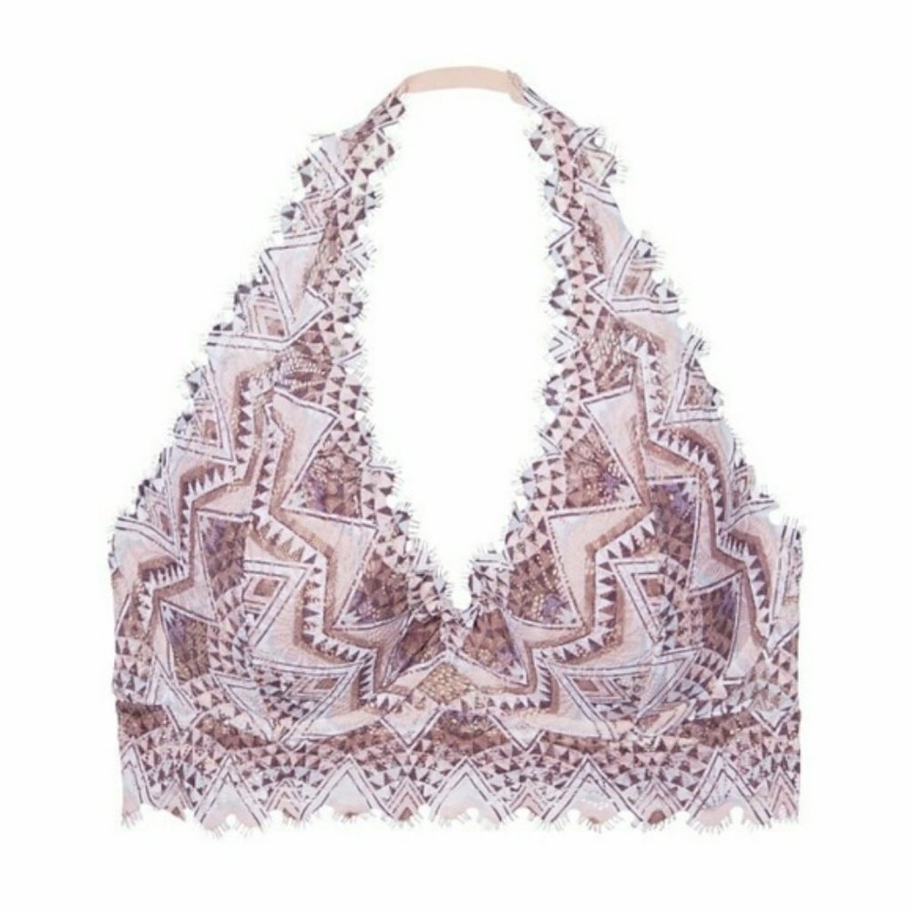 NWT Vs Pink Sz S Lace Aztec Print Halter Bralette - Picture 3 of 8